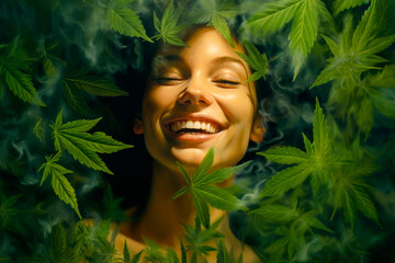 Relaxed woman among cannabis leaves and smoke.AI generated. - obrazy, fototapety, plakaty