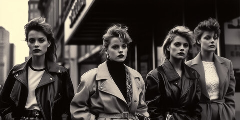 group of fashionable girls models in stylish clothes and hairstyles in retro style of 1980s on city street. Vintage fashion. Generative AI - obrazy, fototapety, plakaty