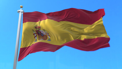 Fototapeta na wymiar Spain flag waving at wind with blue sky. 3d render