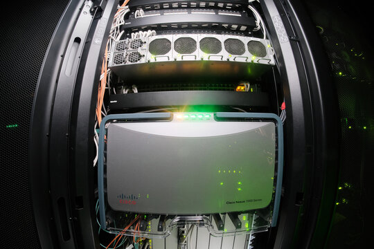 Moscow / Russia - 03 30 2019: Cisco Nexus 7000 series switch. Device for local network and access to Internet. A multilevel secure LAN. Switching system for data processing and data storage.