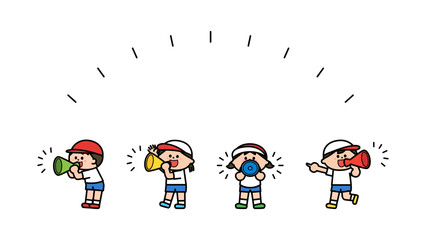 メガホンで応援する体操服の子どもたち.