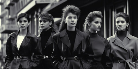stylish female models pose in fashionable clothes on city street. Vintage retro fashion of 1980s. Generative AI