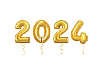 Happy new year 2024, realistic golden foil number balloons with serpentine.