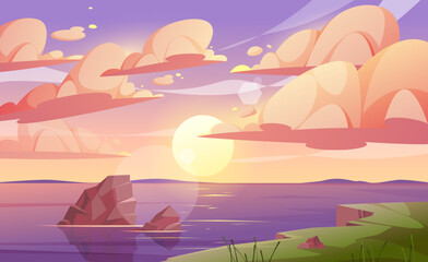 Sunset or sunrise in ocean, nature landscape background, cartoon vector illustration. Pink clouds flying in sky to shining sun above sea with rocks sticking. Evening or morning backdrop water surface