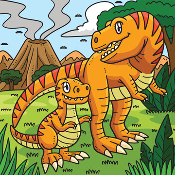Mother T-Rex and Baby T-Rex Colored Cartoon 