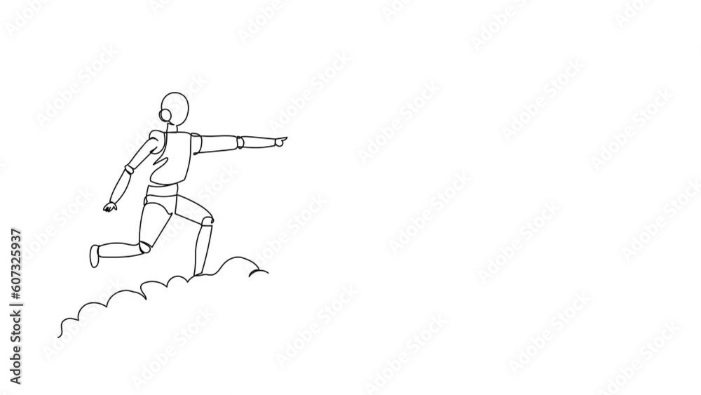 Poster animated self drawing of continuous line draw robot riding cloud on sky, pointing forward, go future