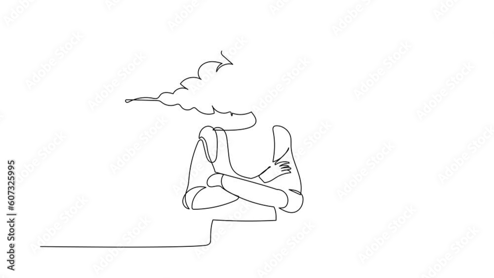 Poster animated self drawing of continuous one line draw robot with empty head cloud instead. thinking abou