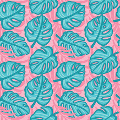 Monstera, exotic leaves on pink background. Summer print. Seamless pattern for fabric, wrapping, textile, wallpaper, clothes. Vector.