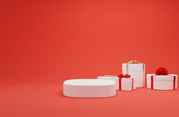 White empty podium or pedestal for product presentation, showcase of beauty and cosmetics product. Gift boxes. White mockup platform on red background. 3d rendering