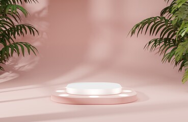White empty podium or pedestal for product presentation, showcase of products. White platform on pink background. 3d rendering