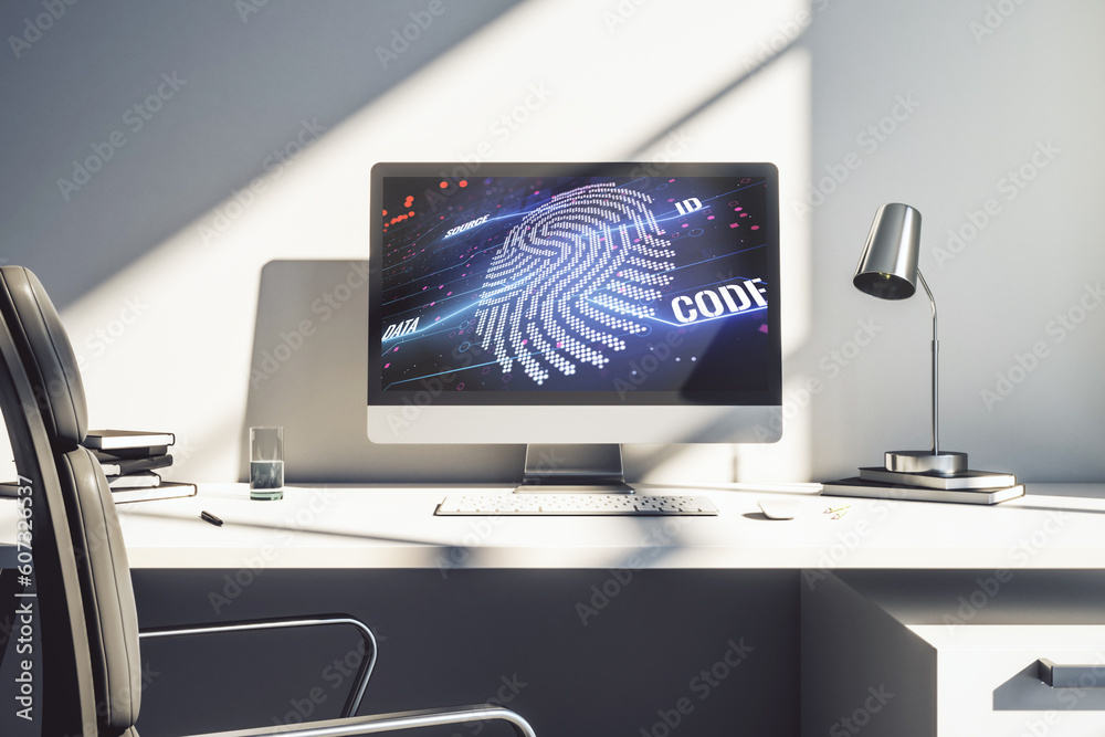 Aufkleber Computer monitor with abstract creative fingerprint illustration, personal biometric data concept. 3D Rendering