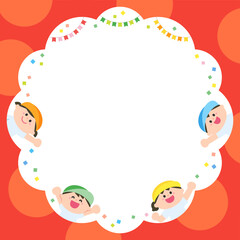 イラストフレーム　運動会　カラー帽を被った子どもたち.