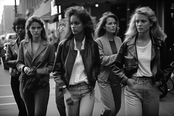 fashionable girls professional fashion models pose in stylish clothes on street of city. Vintage retro fashion of 1980s and 1990s. Generative AI - obrazy, fototapety, plakaty