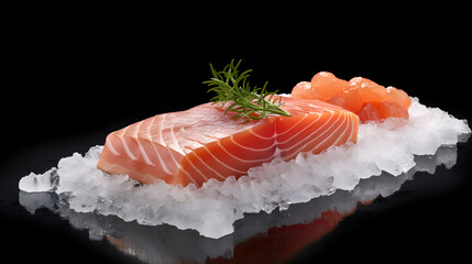 Close up shot of fresh raw salmon fillet placed on a bed of ice. Generative AI