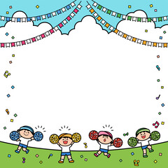 Obraz premium イラストフレーム 運動会 ポンポンを持って踊る子どもたち.