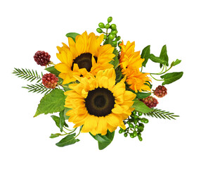 Yellow sunflowers, berries and green grass and leavesin a summer arrangement isolated on white or transparent background