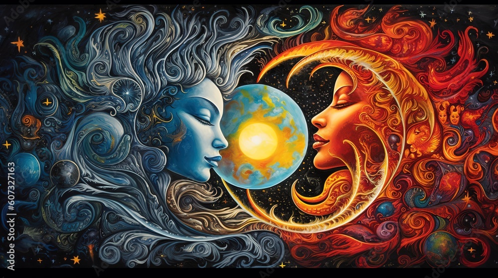 Wall mural the soul and the cosmic yin yang are celebrating the cosmos and the moon. beautiful spiritual illust