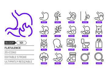 Flatulence related, pixel perfect, editable stroke, up scalable, line, vector bloop icon set.