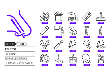 Atk test related, pixel perfect, editable stroke, up scalable, line, vector bloop icon set.