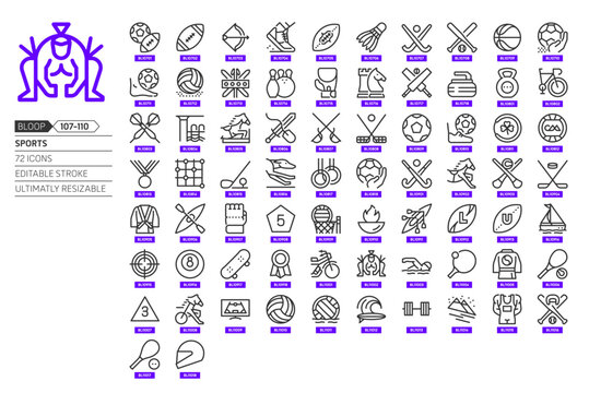 Sports related, pixel perfect, editable stroke, up scalable, line, vector bloop icon set.