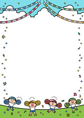イラストフレーム　運動会　ポンポンを持って踊る子どもたち.