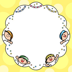 イラストフレーム　運動会　カラー帽を被った子どもたち.