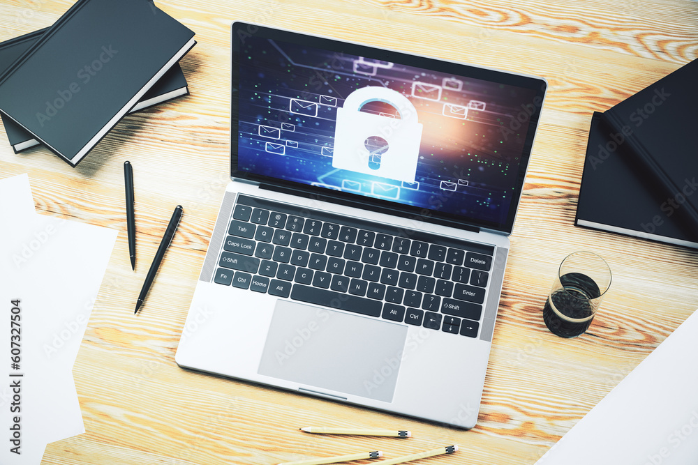 Poster Creative concept with lock symbol and postal envelopes illustration on modern laptop screen. Protection and firewall concept. 3D Rendering