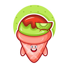 Cartoon illustration of kiwi ice cream with smile face
