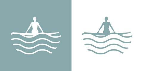 Logo club de surf. Silueta de mujer desnuda sentada en tabla de surf con olas de mar © teracreonte