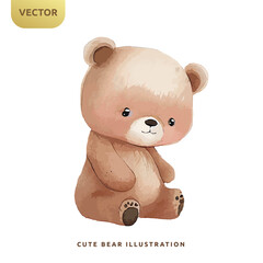 Cute teddy bear watercolor isolated on white background. Happy baby bear cartoon design vector illustration