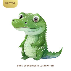 Cute baby crocodile watercolor isolated on white background. Alligator kid cartoon character vector illustration