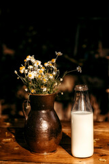 Bottle with milk on the background of a rural landscape