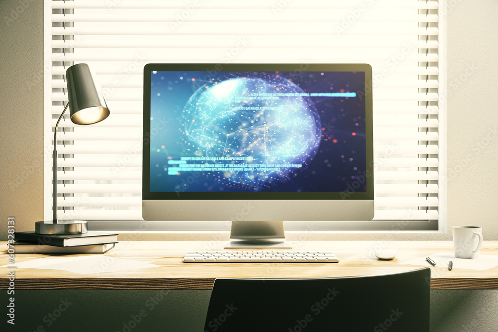 Poster abstract creative coding concept with world map on modern laptop screen. 3d rendering