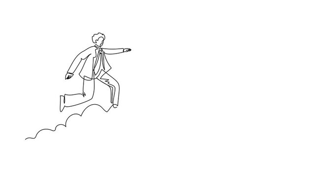 Animated self drawing of continuous line draw businessman riding cloud on the sky, pointing forward, go to future, business concept. Manager on cloud way to success. Full length one line animation