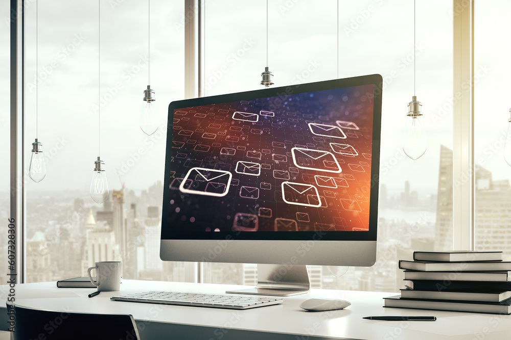 Poster creative abstract postal envelopes sketch on modern laptop monitor, e-mail and marketing concept. 3d
