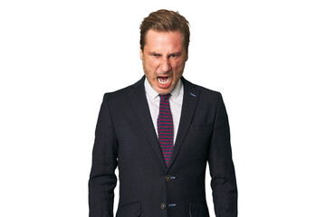 A middle-aged businessman isolated screaming very angry and aggressive.