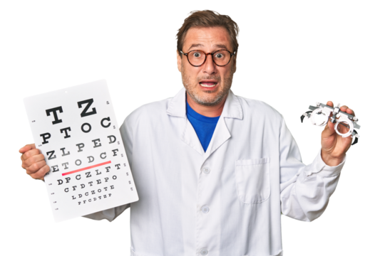 Experienced optometrist conducts eye exam with care, holding visual acuity test and prescription glasses.