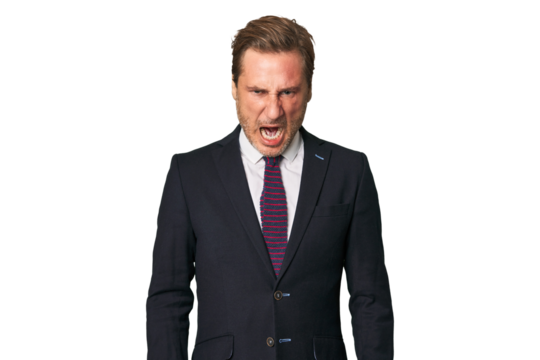 A middle-aged businessman isolated screaming very angry and aggressive. - Powered by Adobe