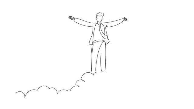 Animated self drawing of continuous line draw happy businessman on top of cloud with raised hand. Successful business working manager. Financial freedom, happiness. Full length single line animation