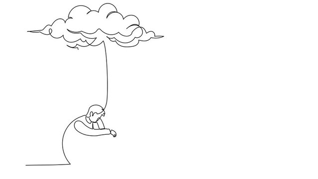 Animated self drawing of continuous line draw depressed businessman feeling sad. Sitting under rain and cloud. Unhappy male loneliness, stress with business problem. Full length one line animation