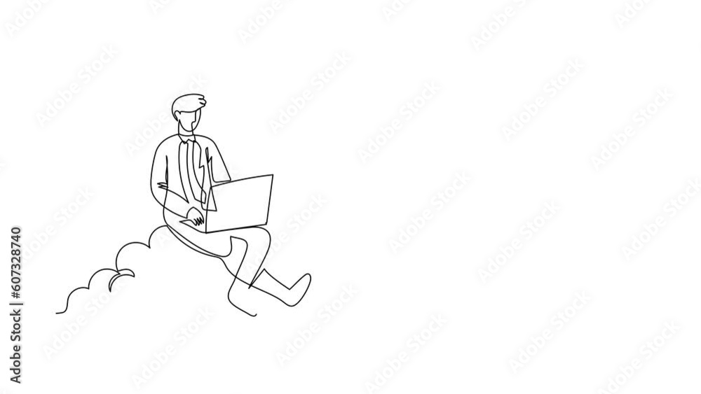 Poster animated self drawing of continuous line draw businessman sitting on cloud in sky and working with l