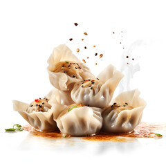 Fototapeta na wymiar Large delicious juicy smoky dumplings separated on ingredients floating in air white background