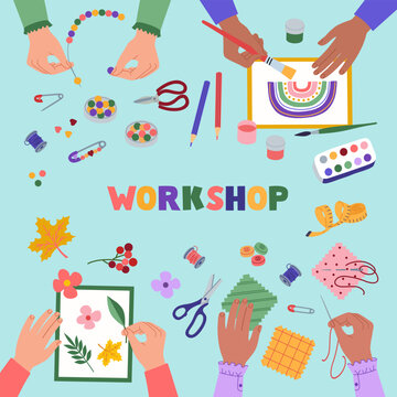 Creative workshop for children. Top view of the table with kids hands doing handmade craft work. Herbarium, beading, sewing, drawing. Hand drawn vector illustration, flat cartoon style.