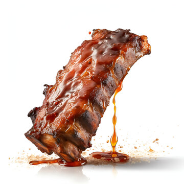 Large delicious juicy smoky ribs separated on ingredients floating in air white background