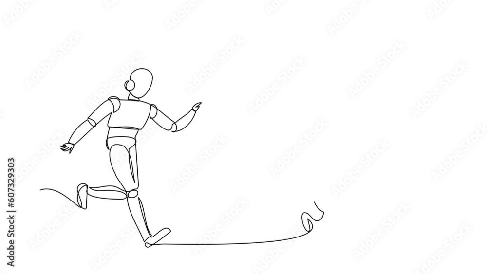 Poster self drawing animation of single one line draw robot run chasing hamburger. food estate factory. fut