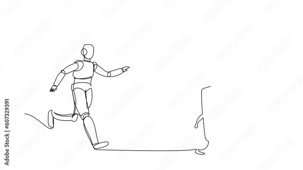 Poster self drawing animation of single one line draw robot chasing calculator. calculation of expenses in 