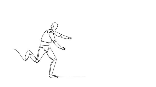 Animated self drawing of continuous line draw robot run chase cup. Digital industry in coffee shop. Humanoid robot cybernetic organism. Future robotic development. Full length single line animation