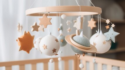 Baby crib mobile with stars planets and moon Generative AI - obrazy, fototapety, plakaty