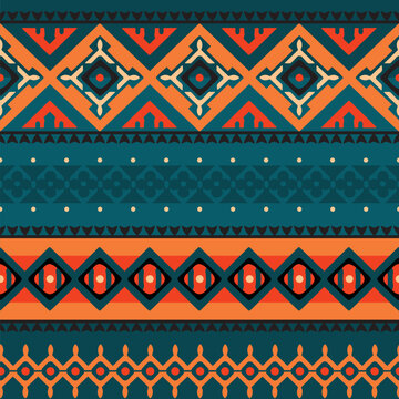 tribal dark blue and orange seamless pattern, colorfull vector illustration, borders