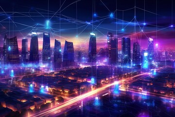 Fototapeta na wymiar A futuristic city skyline illuminated by a network of interconnected smart streetlights - Generative AI